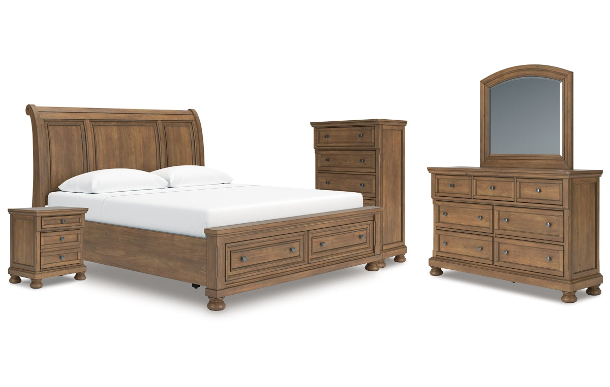 Feddinger King Storage Sleigh Bed with Mirrored Dresser, Chest and Nightstand