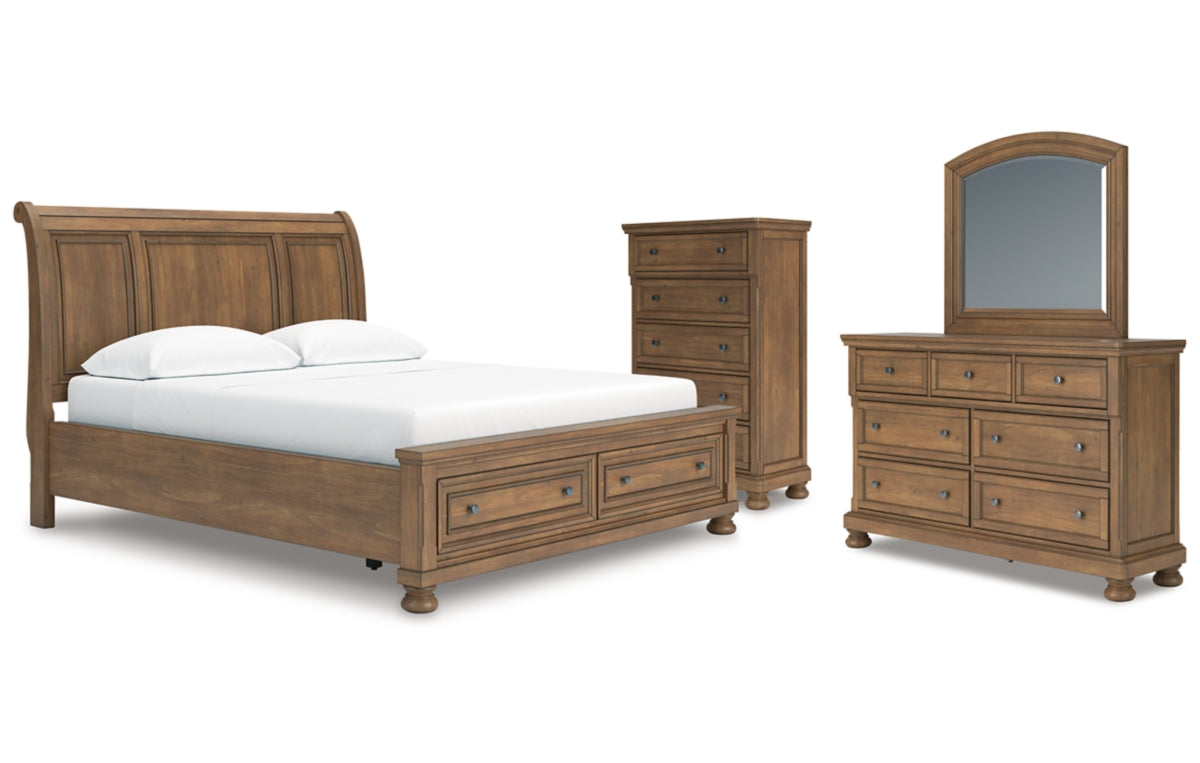 Feddinger California King Storage Sleigh Bed with Mirrored Dresser and Chest