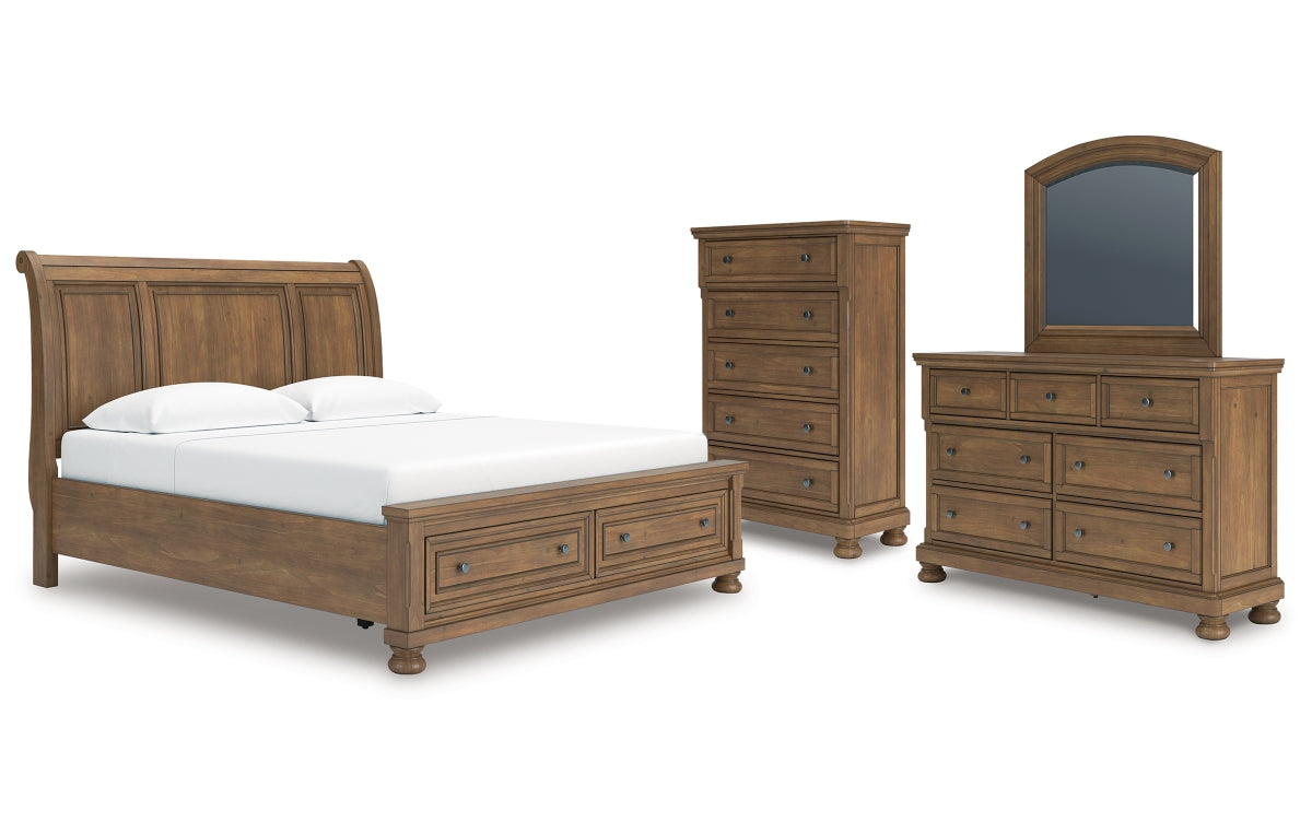 Feddinger King Storage Sleigh Bed with Mirrored Dresser and Chest