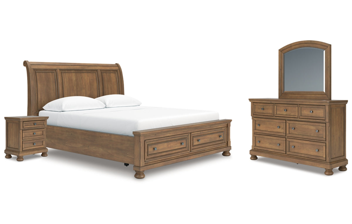 Feddinger California King Storage Sleigh Bed with Mirrored Dresser and Nightstand