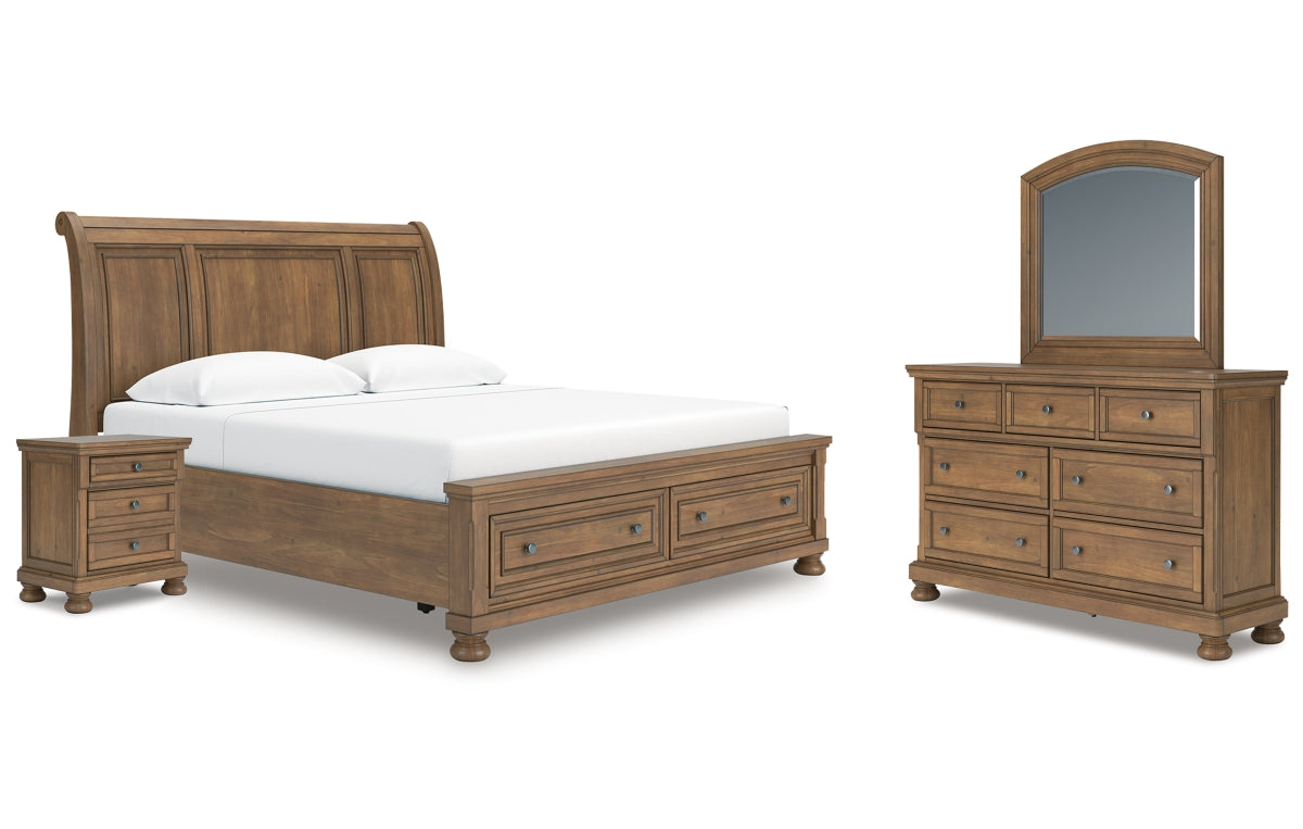 Feddinger King Storage Sleigh Bed with Mirrored Dresser and Nightstand