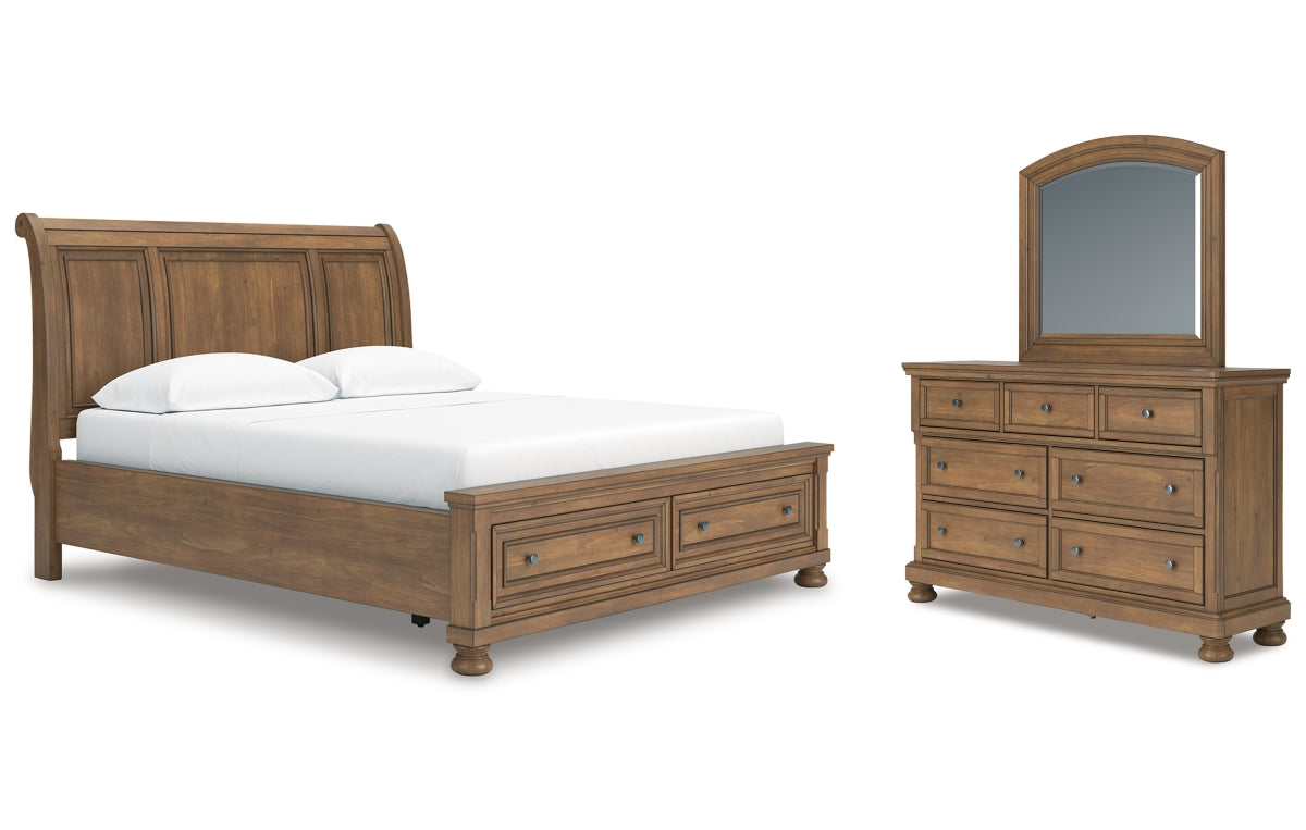 Feddinger California King Storage Sleigh Bed with Mirrored Dresser