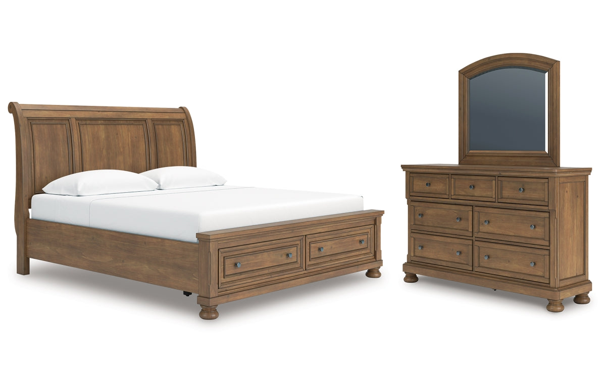 Feddinger King Storage Sleigh Bed with Mirrored Dresser