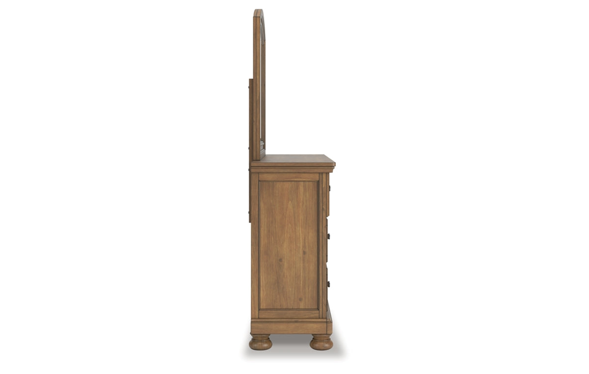 Feddinger California King Panel Bed with Mirrored Dresser and Nightstand