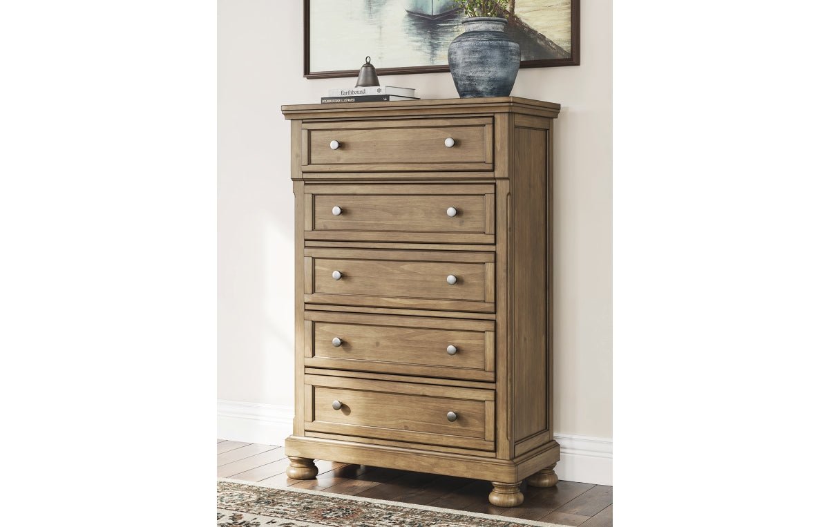 Feddinger California King Panel Bed with Mirrored Dresser, Chest and Nightstand