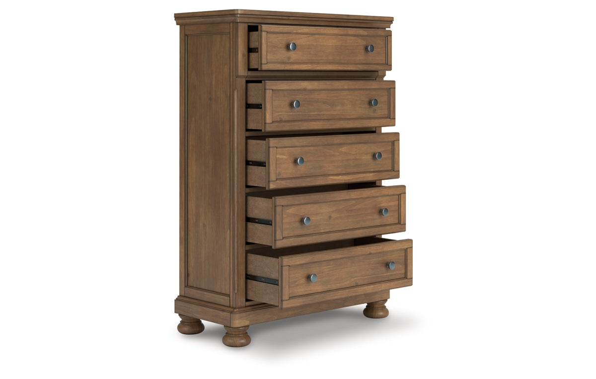 Feddinger California King Panel Bed with Mirrored Dresser, Chest and Nightstand