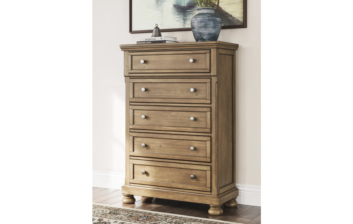 Feddinger California King Storage Sleigh Bed with Mirrored Dresser, Chest and Nightstand