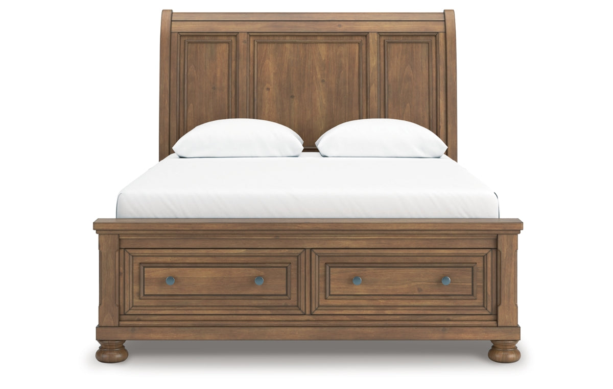 Feddinger Queen Storage Sleigh Bed with Mirrored Dresser, Chest and Nightstand