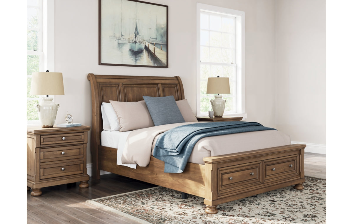 Feddinger Queen Storage Sleigh Bed with Mirrored Dresser, Chest and Nightstand