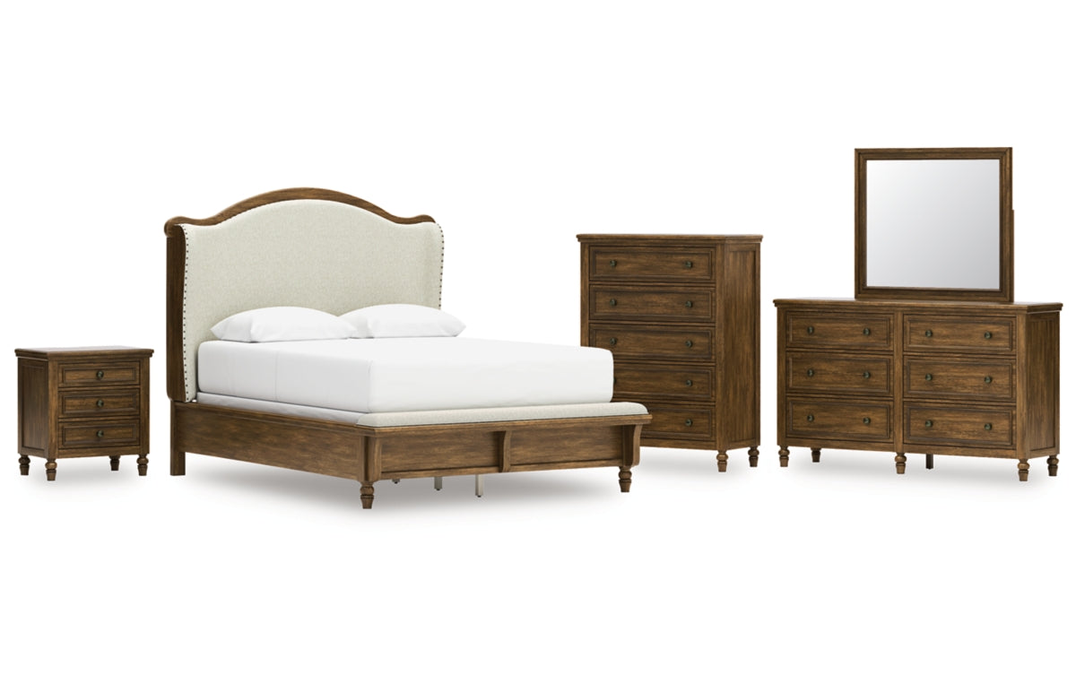 Sturlayne Queen Upholstered Panel Bed, Dresser, Mirror, Chest and Nightstand