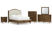 Sturlayne Queen Upholstered Panel Bed, Dresser, Mirror, Chest and Nightstand