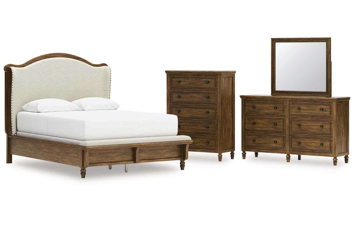 Sturlayne Queen Upholstered Panel Bed with Mirrored Dresser and Chest