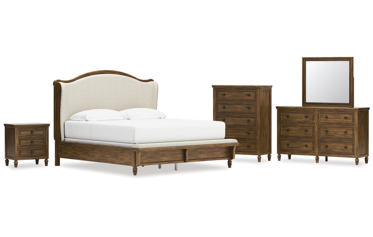 Sturlayne King Upholstered Panel Bed, Dresser, Mirror, Chest and Nightstand