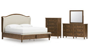 Sturlayne California King Upholstered Panel Bed, Dresser, Mirror and Chest
