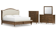 Sturlayne King Upholstered Panel Bed with Mirrored Dresser and Chest