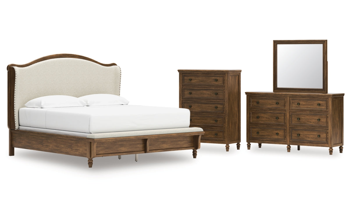 Sturlayne King Upholstered Panel Bed, Dresser, Mirror and Chest