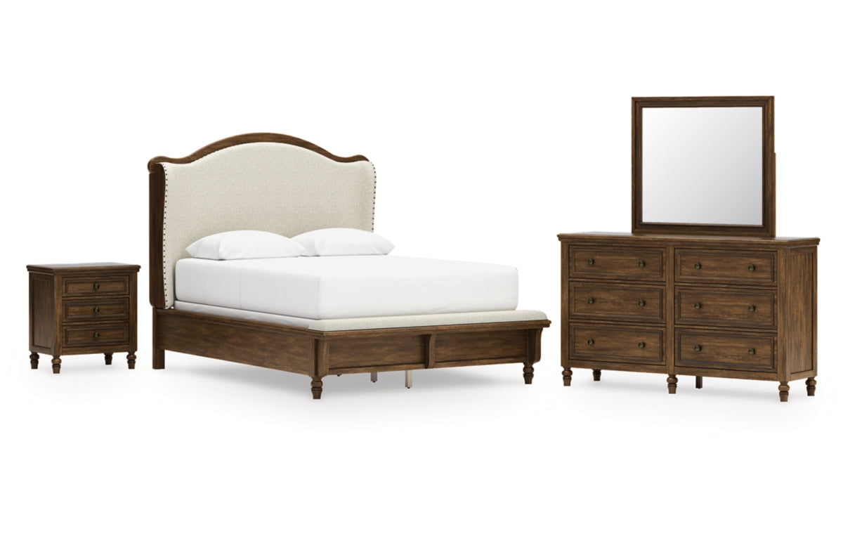 Sturlayne Queen Upholstered Panel Bed, Dresser, Mirror and Nightstand