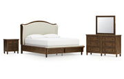 Sturlayne California King Upholstered Panel Bed, Dresser, Mirror and Nightstand