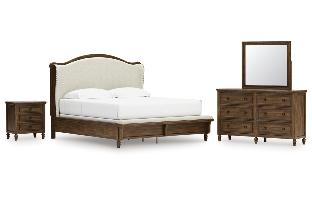 Sturlayne King Upholstered Panel Bed, Dresser, Mirror and Nightstand