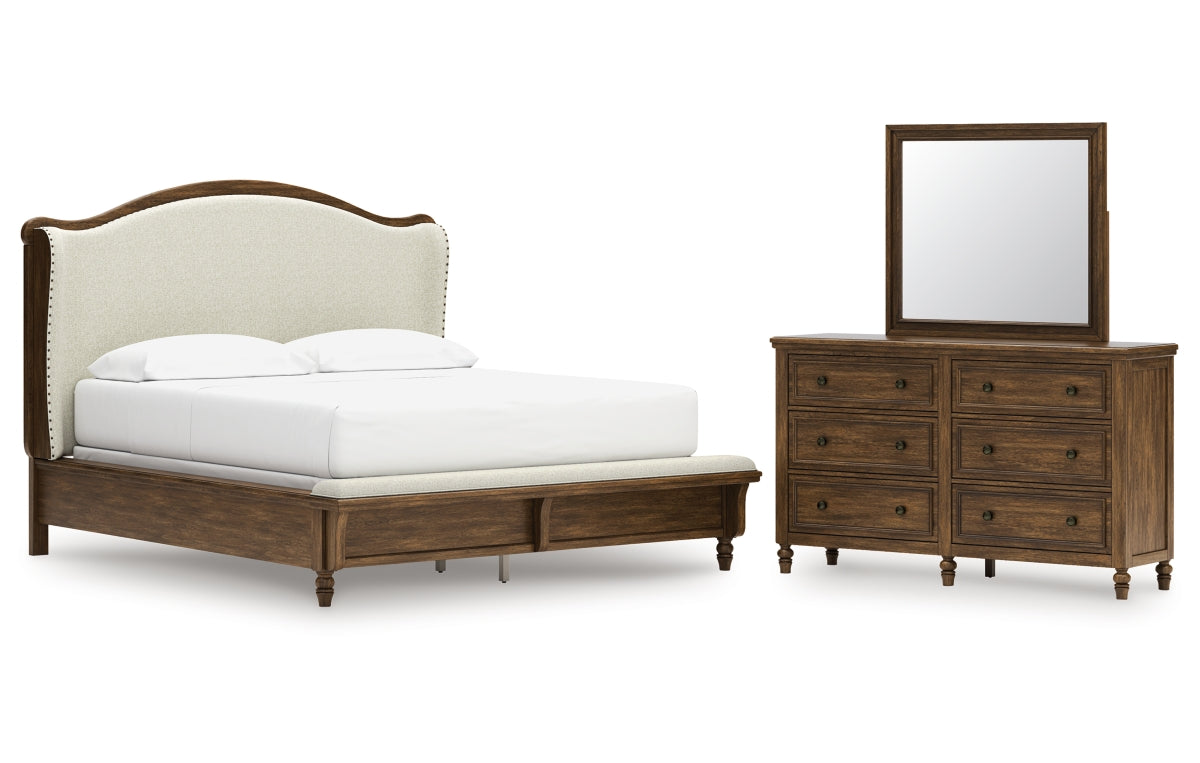 Sturlayne California King Upholstered Panel Bed, Dresser and Mirror