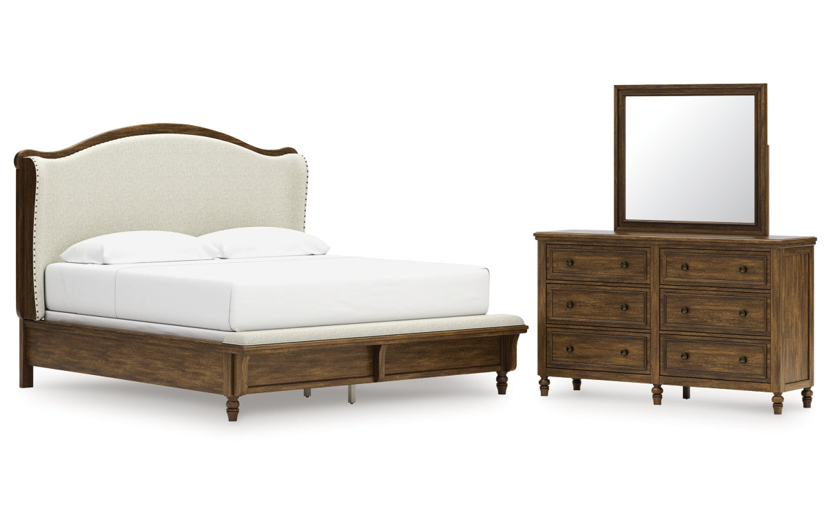 Sturlayne King Upholstered Panel Bed, Dresser and Mirror