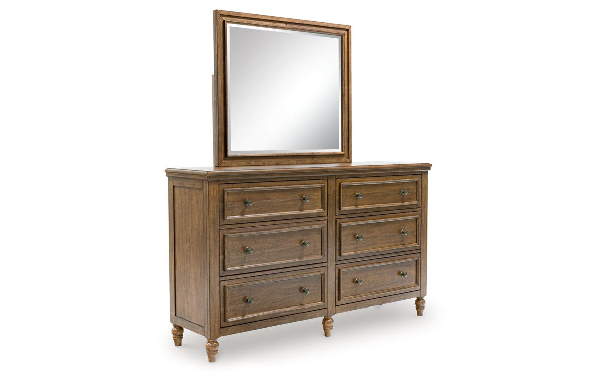 Sturlayne California King Upholstered Panel Bed, Dresser, Mirror and Nightstand