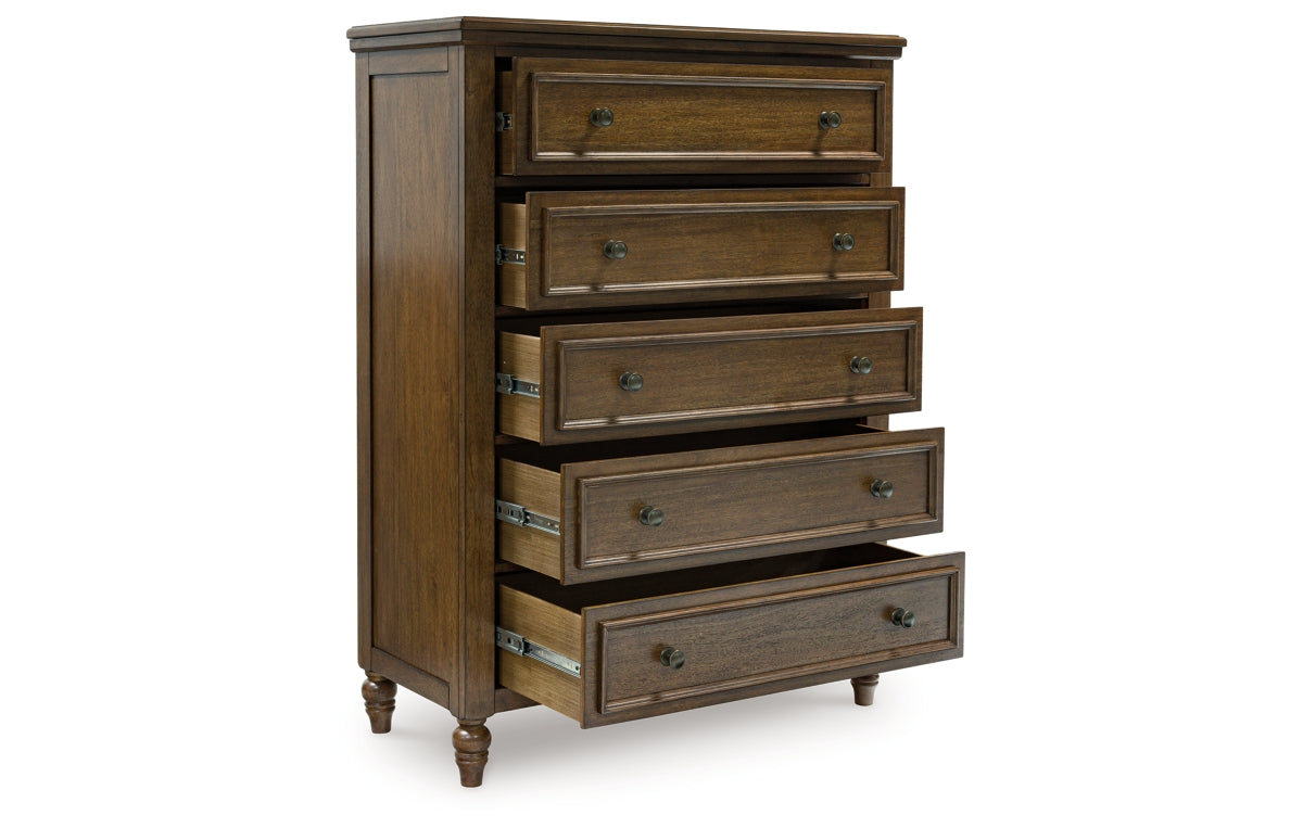 Sturlayne California King Upholstered Panel Bed with Mirrored Dresser, Chest and Nightstand