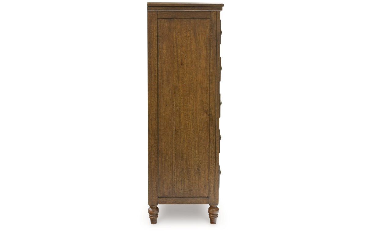 Sturlayne California King Upholstered Panel Bed, Dresser, Mirror and Chest