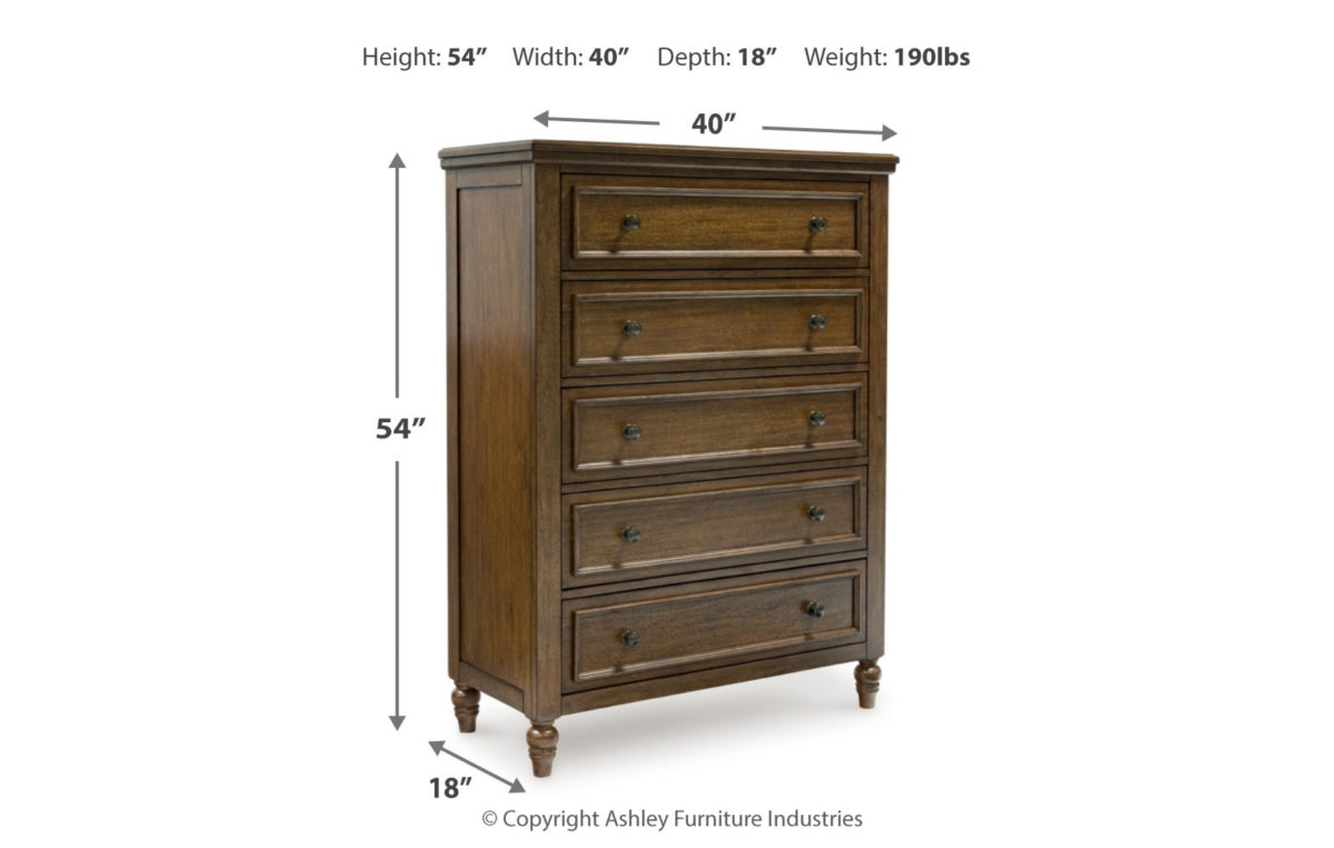 Sturlayne California King Upholstered Panel Bed, Dresser, Mirror and Chest