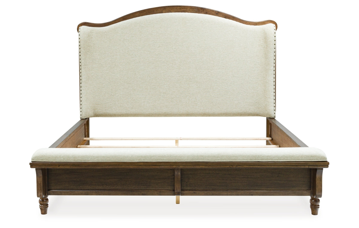 Sturlayne California King Upholstered Panel Bed, Dresser, Mirror and Nightstand