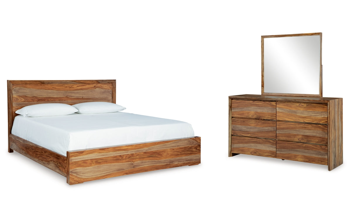 Dressonni King Panel Bed with Mirrored Dresser