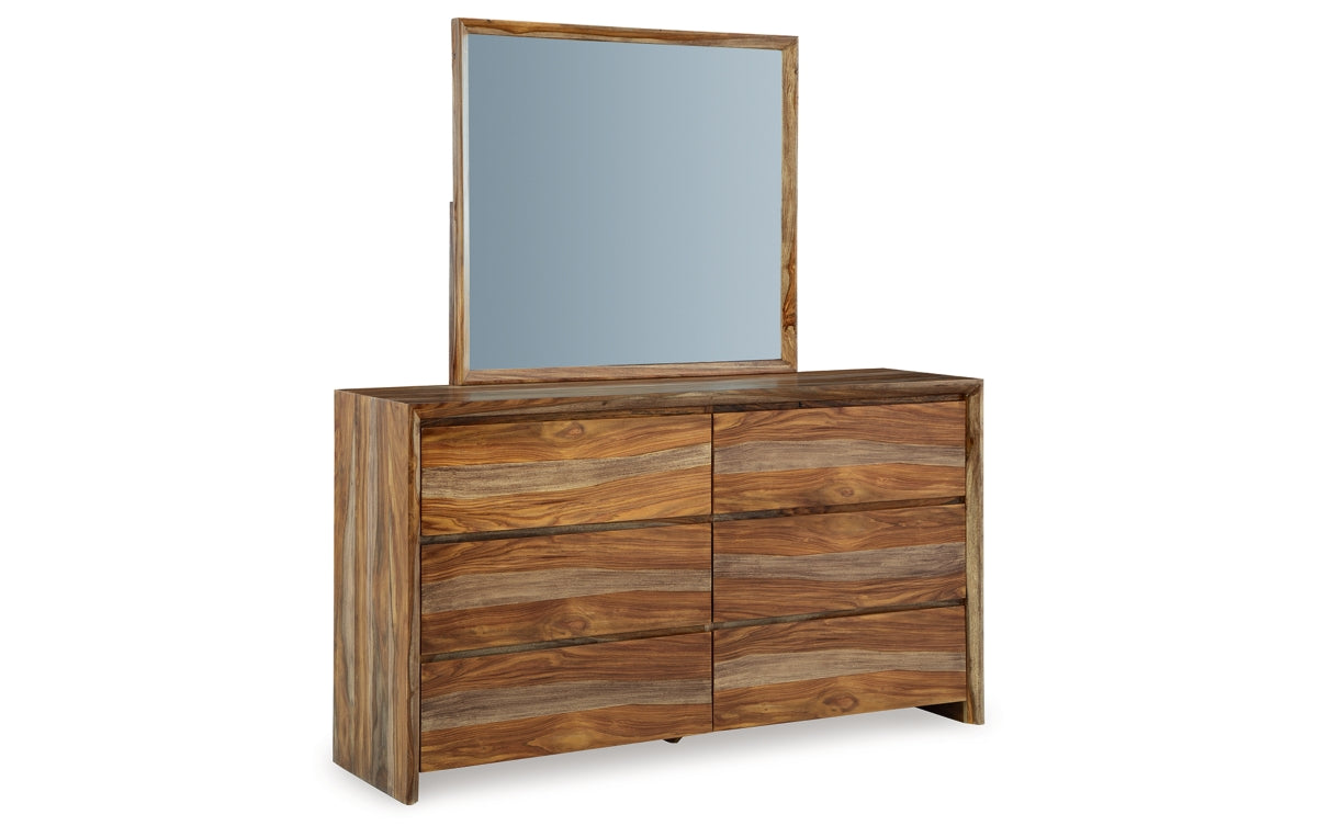 Dressonni King Panel Bed with Mirrored Dresser