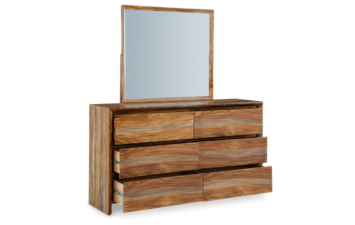 Dressonni California King Panel Bed with Mirrored Dresser