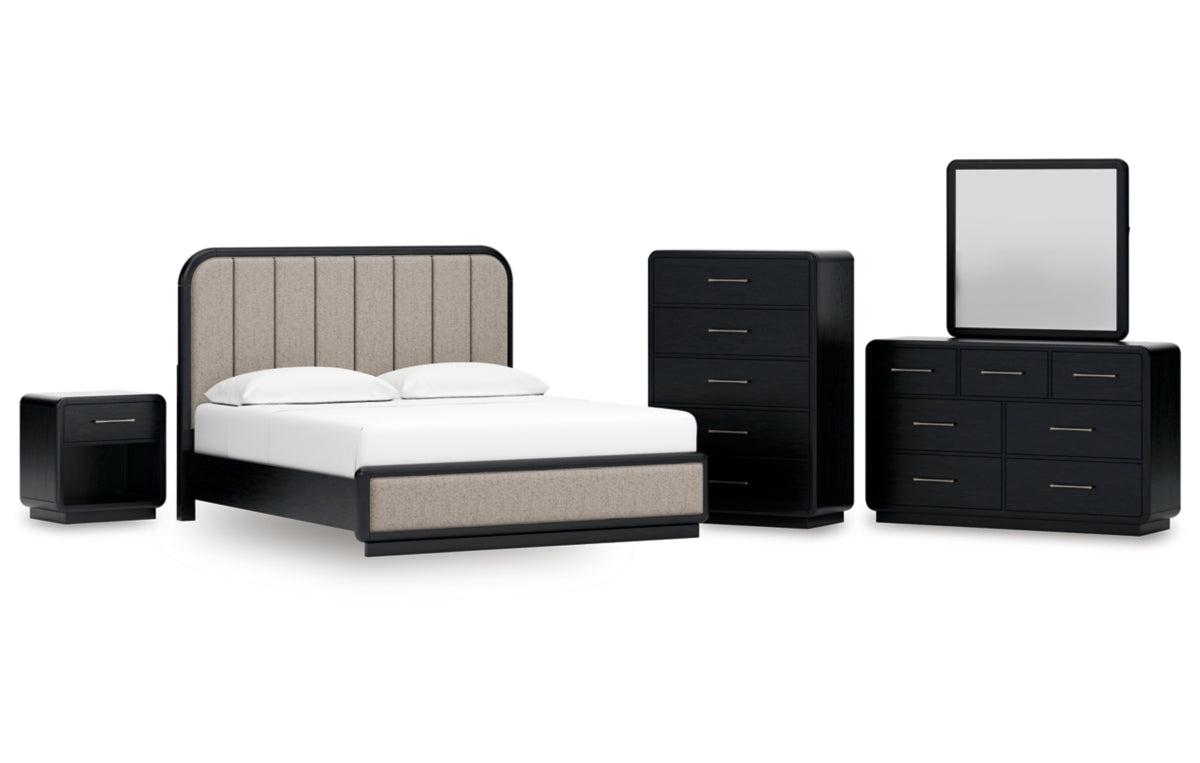 Rowanbeck King Upholstered Panel Bed with Mirrored Dresser, Chest and Nightstand