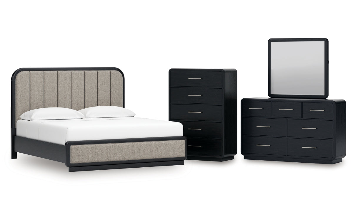 Rowanbeck King Upholstered Panel Bed with Mirrored Dresser and Chest