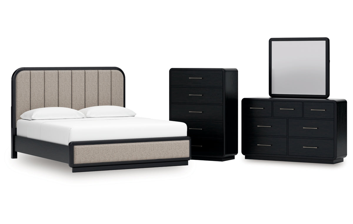 Rowanbeck California King Upholstered Panel Bed, Dresser, Mirror and Chest