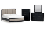 Rowanbeck California King Upholstered Panel Bed, Dresser, Mirror and Chest