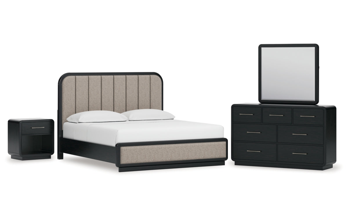 Rowanbeck King Upholstered Panel Bed with Mirrored Dresser and Nightstand