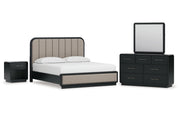 Rowanbeck King Upholstered Panel Bed with Mirrored Dresser and Nightstand