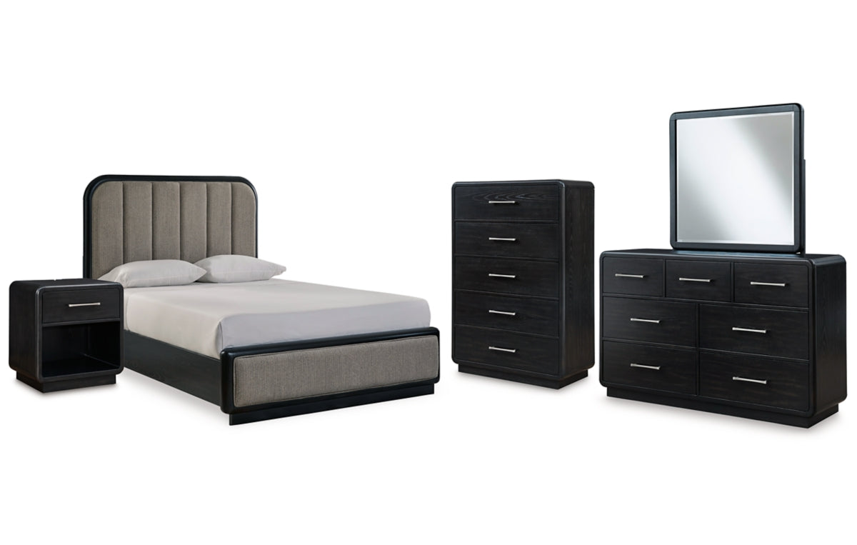 Rowanbeck Queen Upholstered Panel Bed with Mirrored Dresser, Chest and Nightstand
