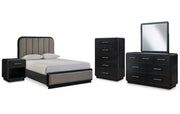 Rowanbeck Queen Upholstered Panel Bed with Mirrored Dresser, Chest and Nightstand