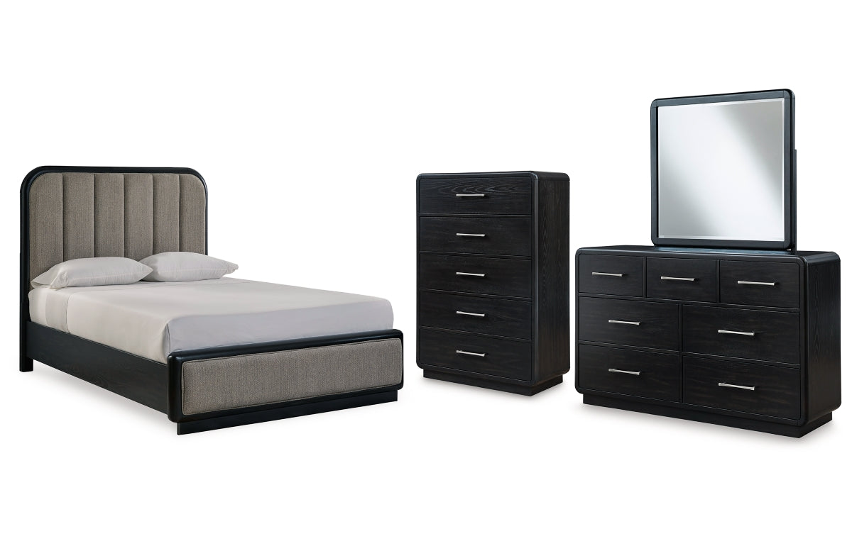Rowanbeck Queen Upholstered Panel Bed with Mirrored Dresser and Chest