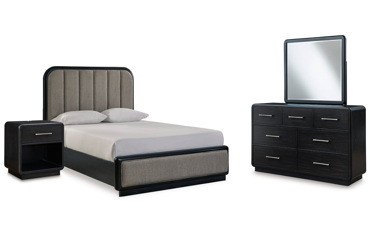 Rowanbeck Queen Upholstered Panel Bed with Mirrored Dresser and Nightstand