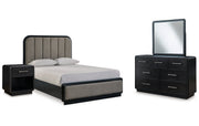 Rowanbeck Queen Upholstered Panel Bed with Mirrored Dresser and Nightstand