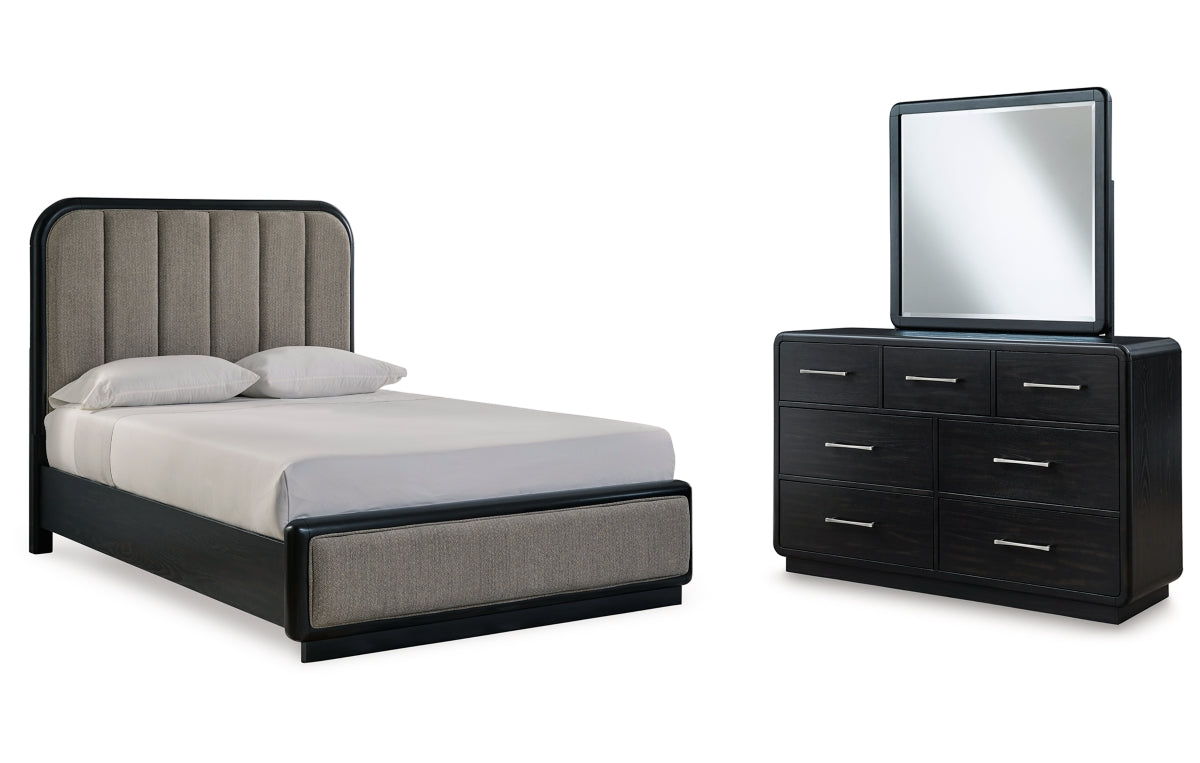 Rowanbeck Queen Upholstered Panel Bed with Mirrored Dresser