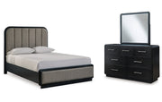 Rowanbeck Queen Upholstered Panel Bed with Mirrored Dresser