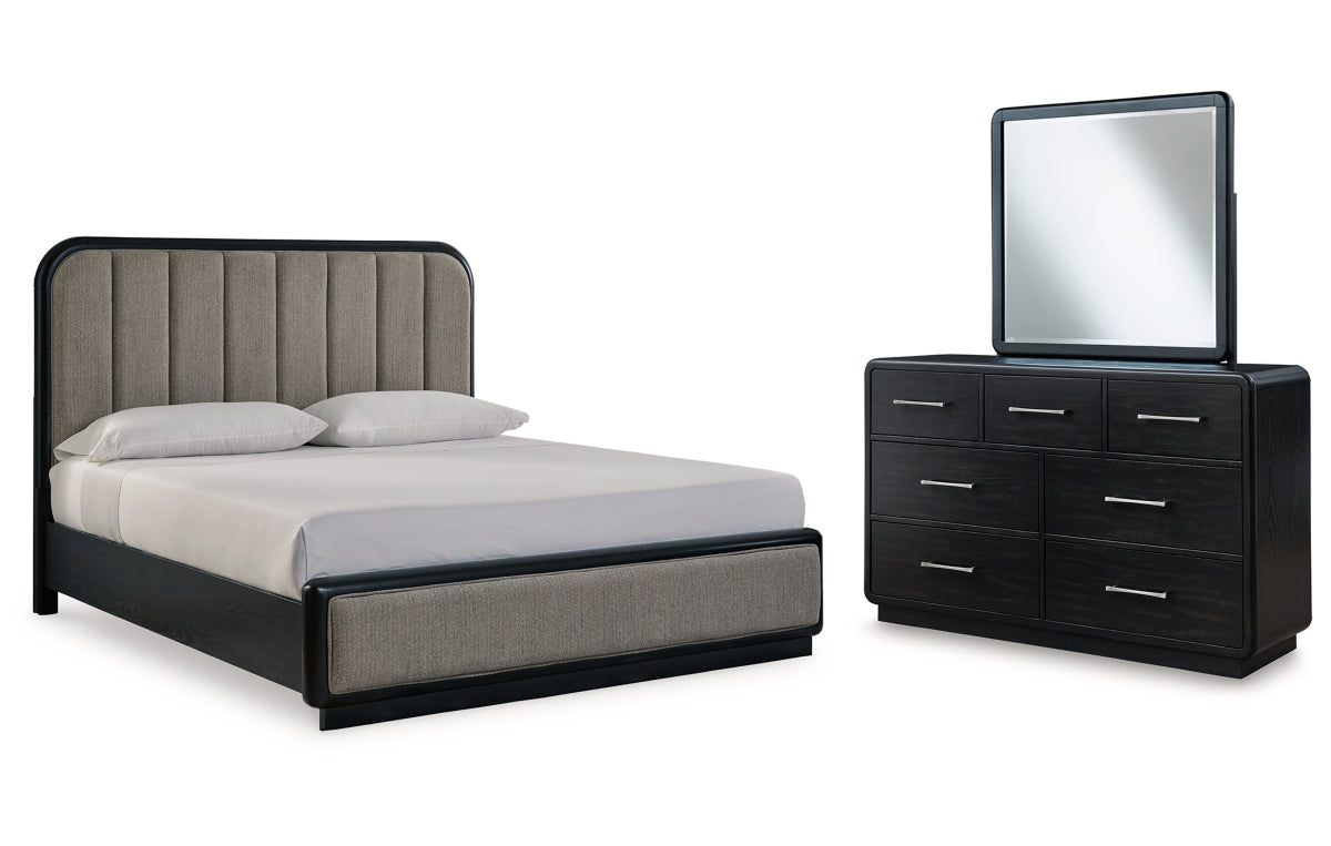 Rowanbeck King Upholstered Panel Bed with Mirrored Dresser