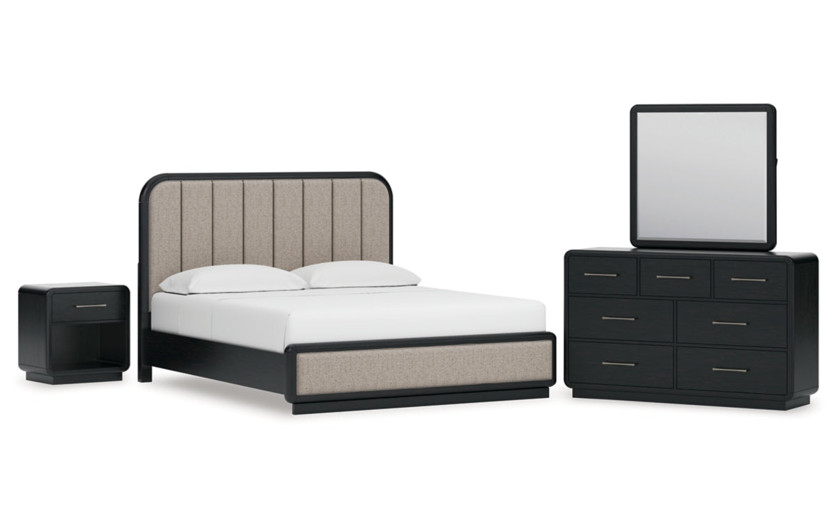 Rowanbeck California King Upholstered Panel Bed with Mirrored Dresser and Nightstand