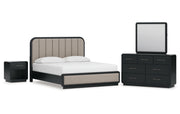 Rowanbeck California King Upholstered Panel Bed with Mirrored Dresser and Nightstand