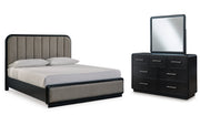 Rowanbeck California King Upholstered Panel Bed with Mirrored Dresser